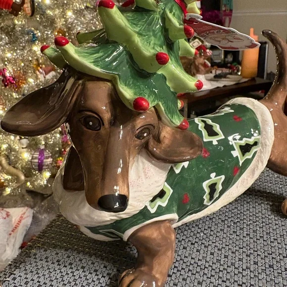 Blue Sky Festive Dachshund Holiday Figurine with Christmas Tree Hat - Picture 2 of 5